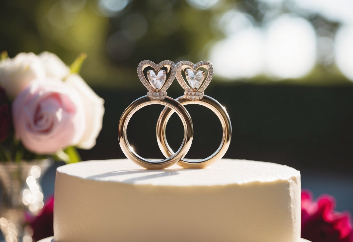 A wedding cake with two interlocking rings on top