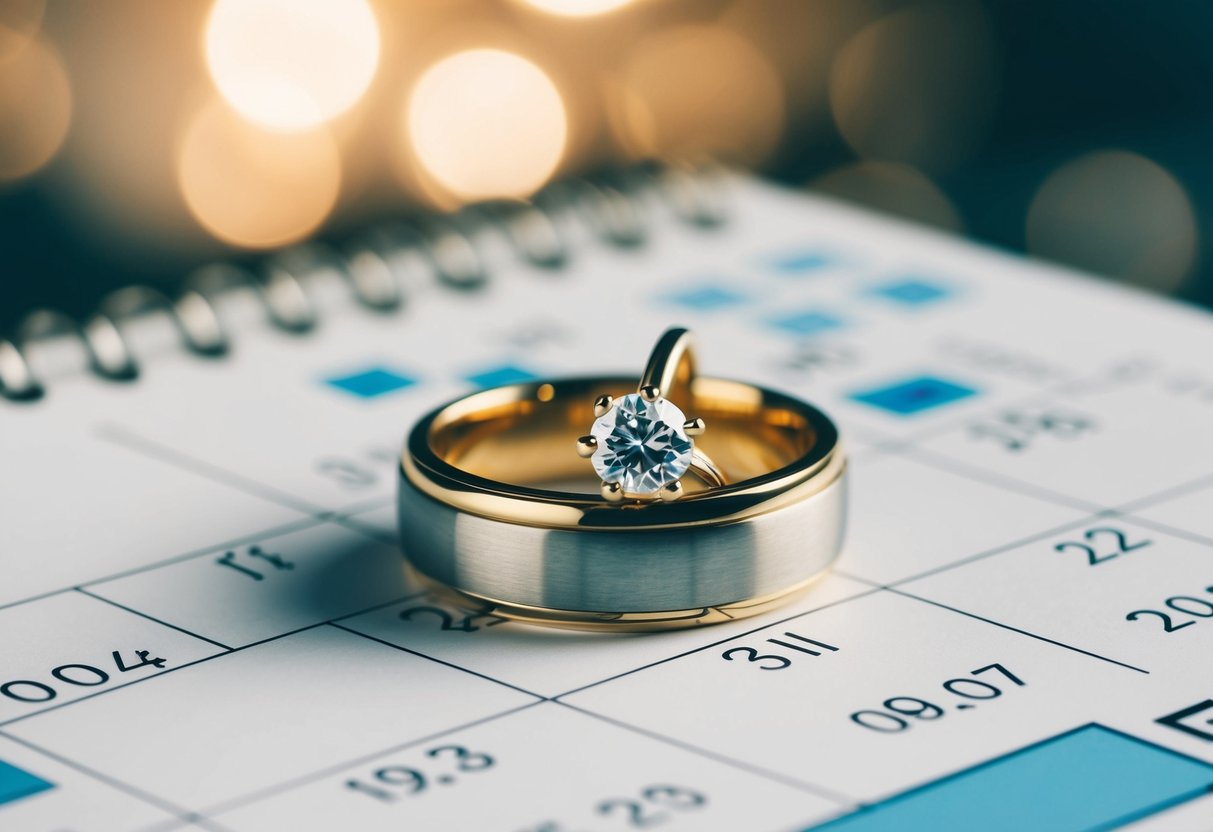 A wedding ring resting on a calendar, with dates crossed out and a mix of modern and traditional symbols surrounding it