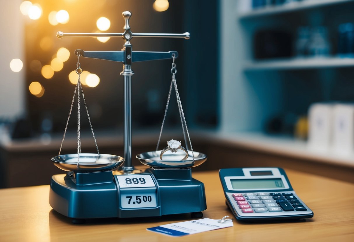 A jeweler's scale weighing a diamond ring next to a price tag and a calculator