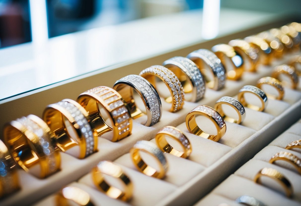 A jewelry store display featuring rows of gleaming gold wedding bands