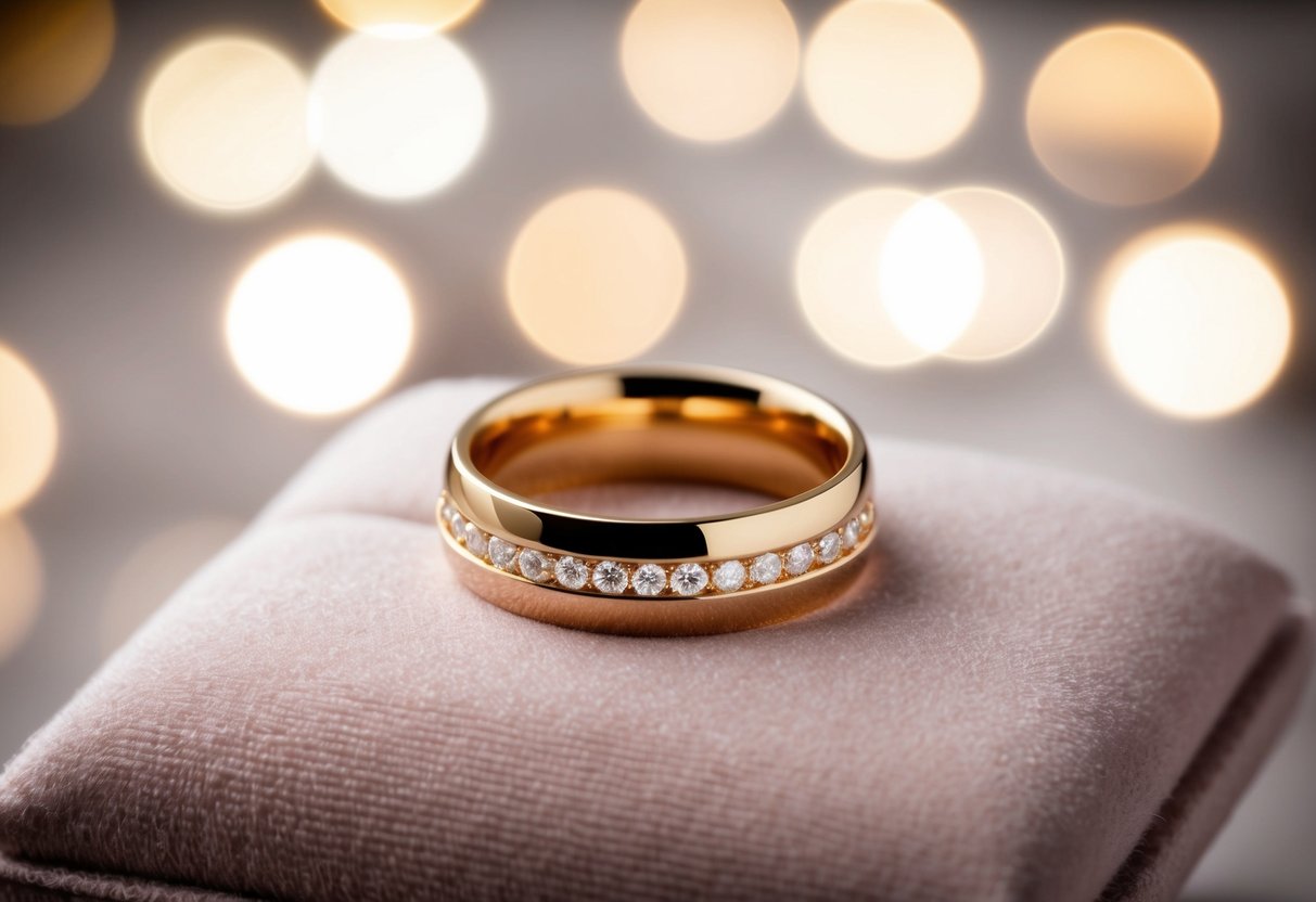 A shimmering gold wedding ring resting on a soft velvet cushion