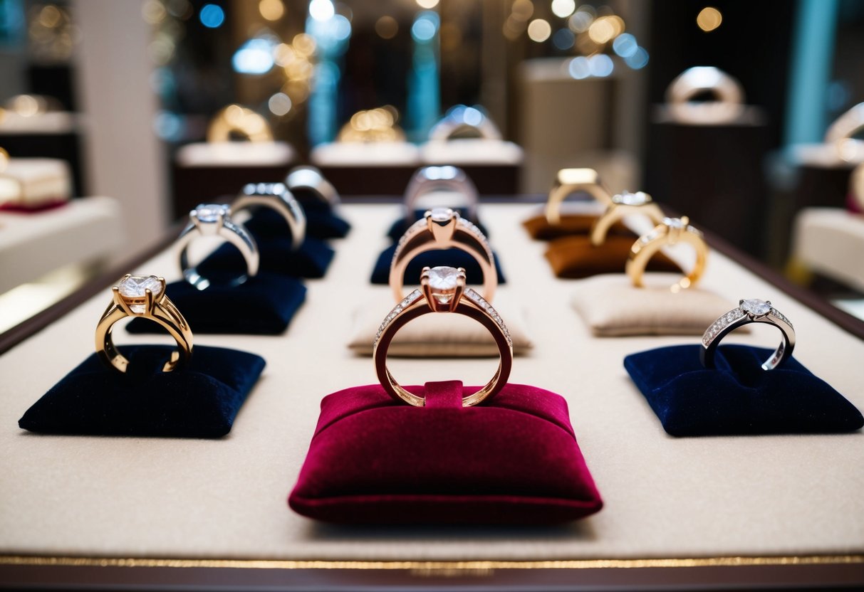 A display of various wedding rings in different metal colors, arranged on a velvet cushion in a well-lit jewelry store
