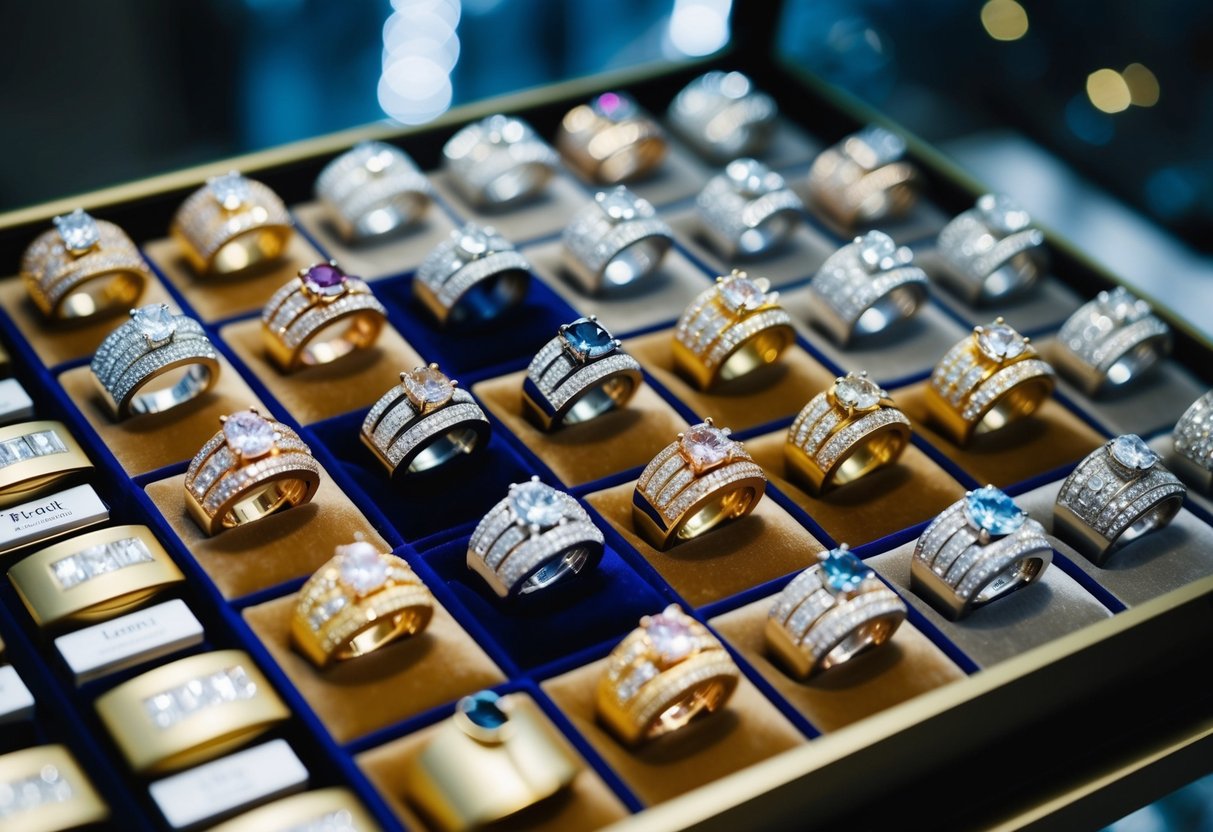A jeweler's display of wedding rings in various shades of gold, silver, and platinum, with sparkling diamonds and intricate designs