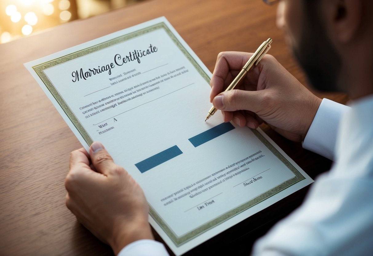 A person holding a marriage certificate with two blank spaces for names, considering writing their partner's last name