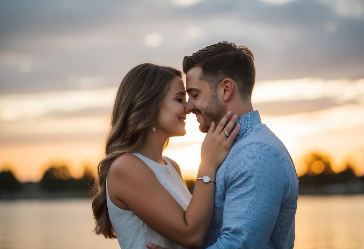A couple exchanging rings and embracing, symbolizing taking the girlfriend's last name