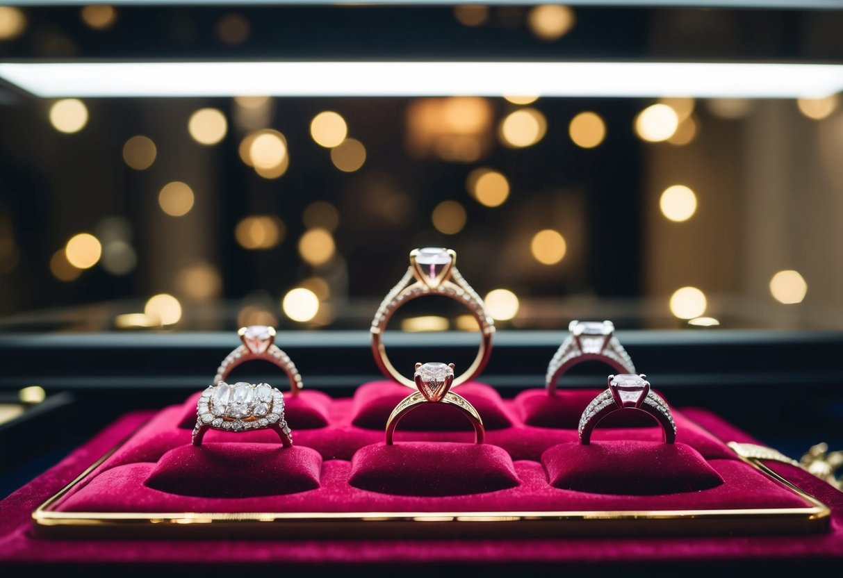 A jeweler presenting a variety of wedding rings on a velvet display, with soft lighting illuminating the sparkling gems and intricate designs