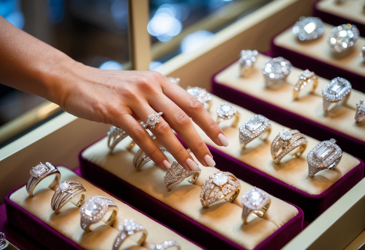 A woman's hand reaching for a sparkling array of wedding rings displayed on a velvet cushion in a jewelry store