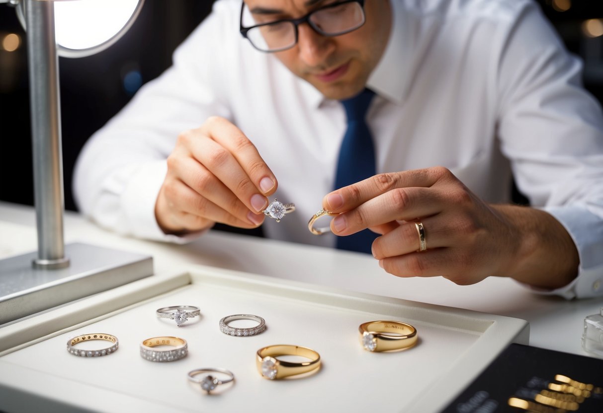 A jeweler carefully examines a selection of delicate wedding rings under bright lighting, comparing designs and price tags