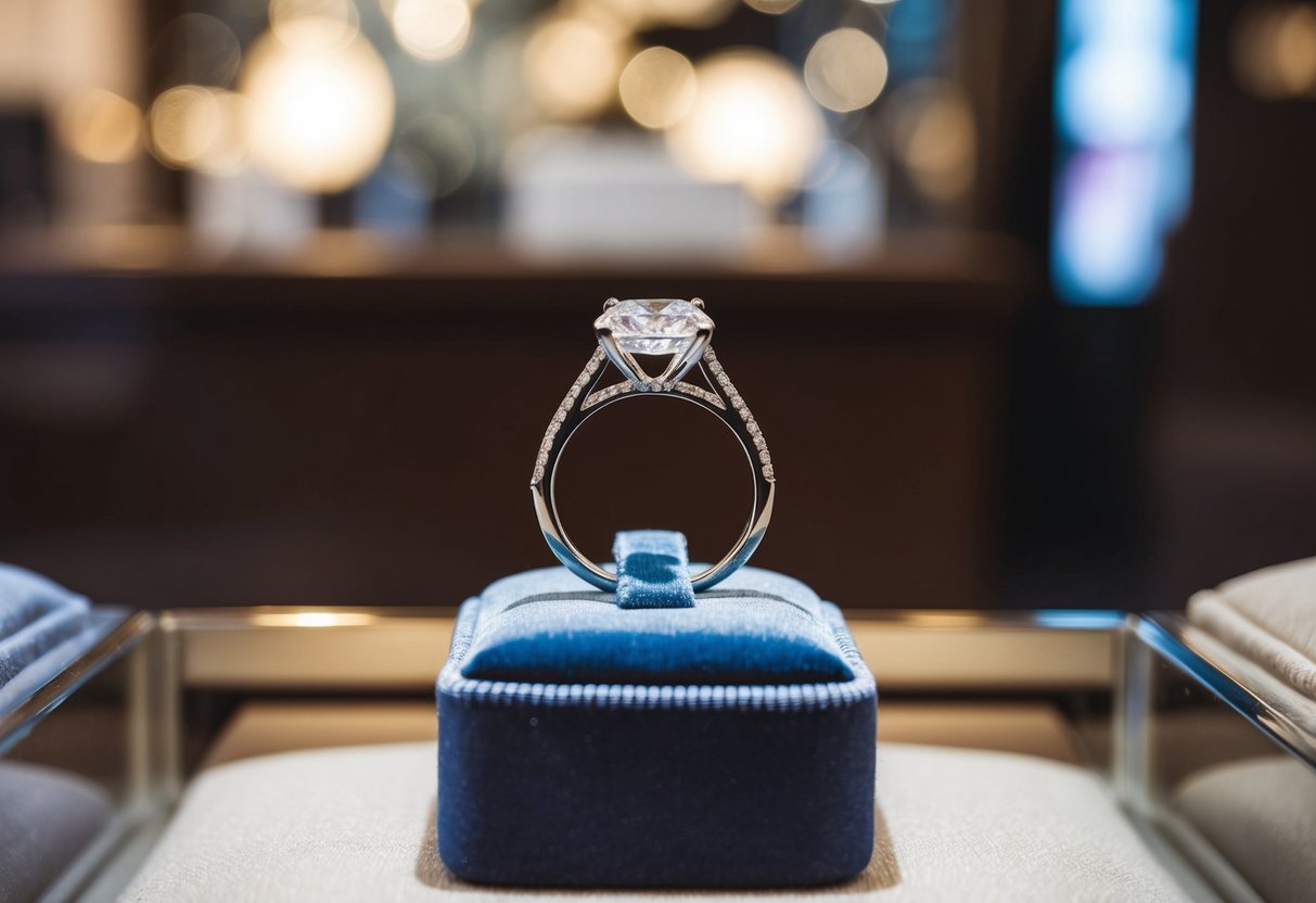 A sparkling diamond ring displayed on a velvet cushion in a jewelry store