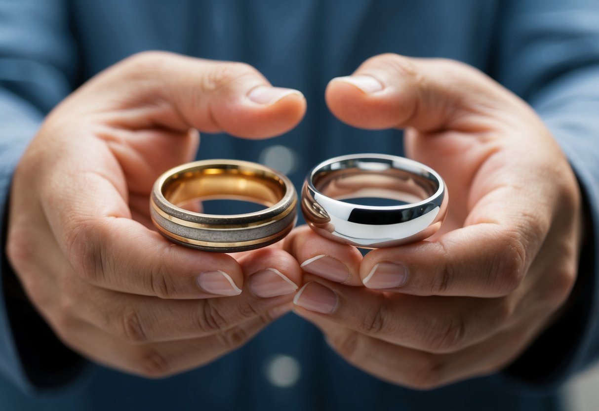 A person holding two wedding rings, one old and worn, the other shiny and new, contemplating the decision to buy a replacement