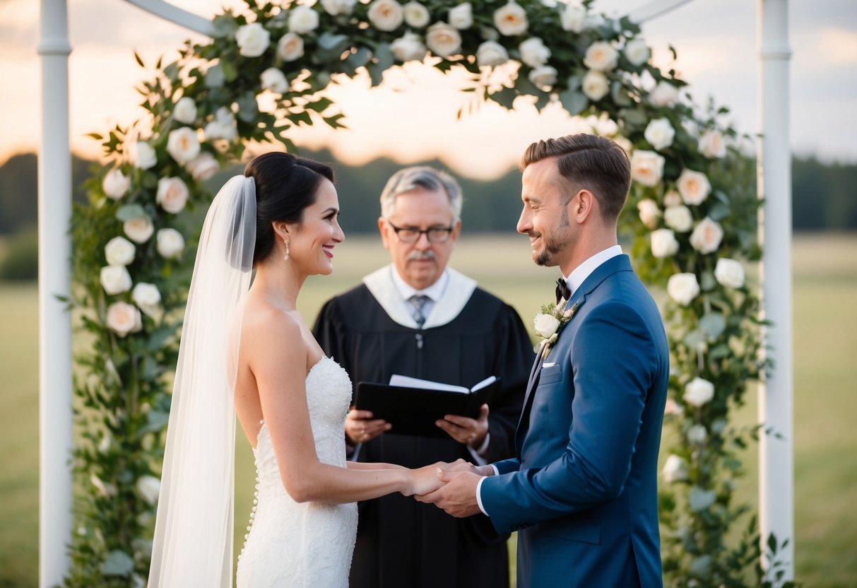A bride and groom standing before an officiant, exchanging vows with a floral arch in the background
