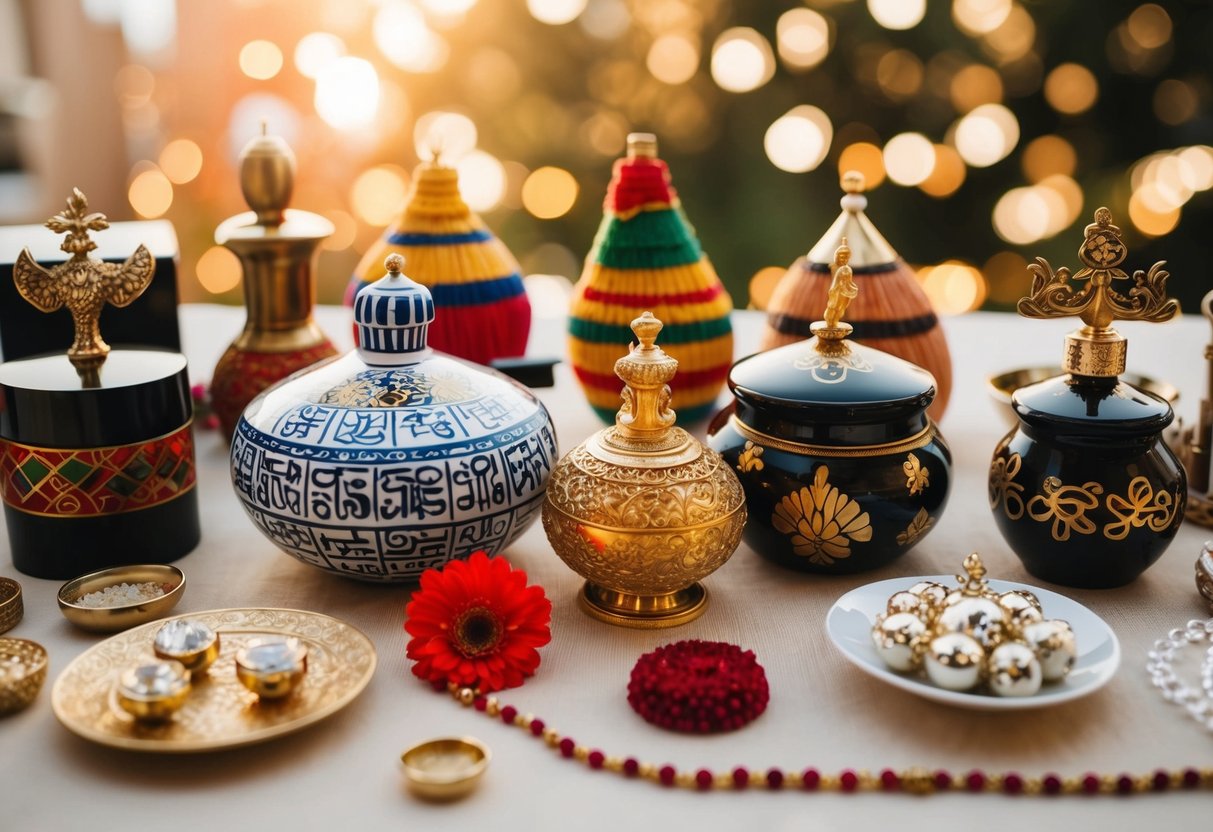 A diverse array of symbolic objects representing different cultures' traditional wedding vows
