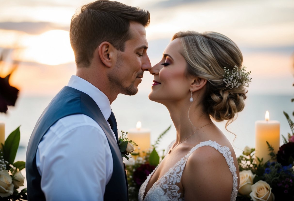 A couple standing face to face, surrounded by flowers and candles, as they prepare to share their first kiss as a married couple