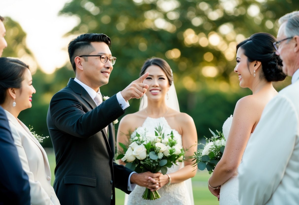 The officiant gestures towards the newlyweds, signaling the moment for a meaningful and celebratory expression of love