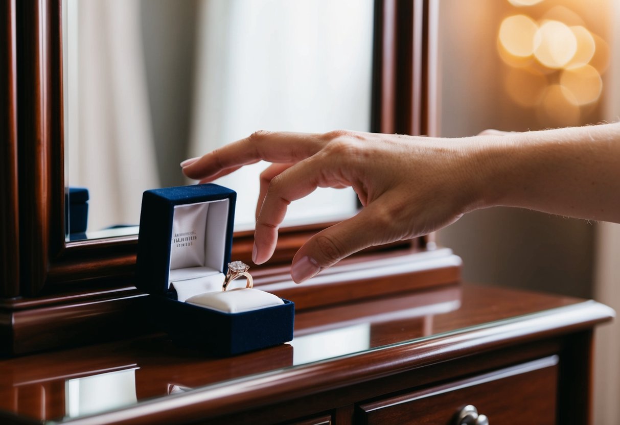 A hand reaching for a ring box on a dresser, with a mirror reflecting the hand and the ring