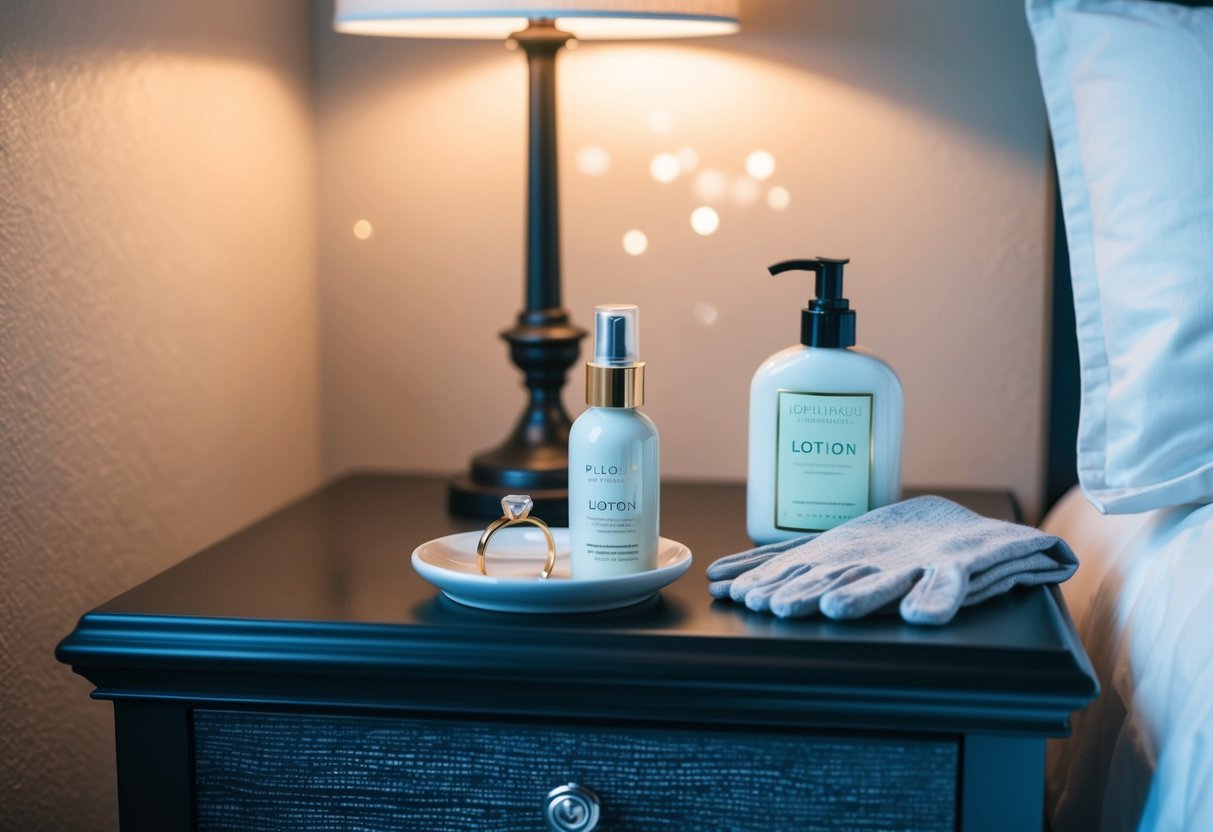 A nightstand with a ring dish, a bottle of lotion, and a folded pair of gloves