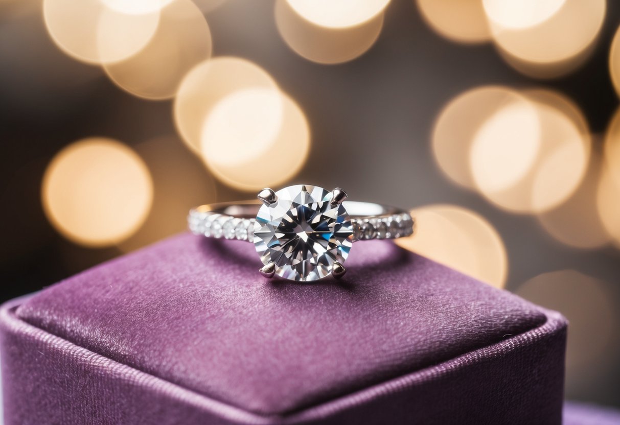 A sparkling diamond ring resting on a velvet cushion
