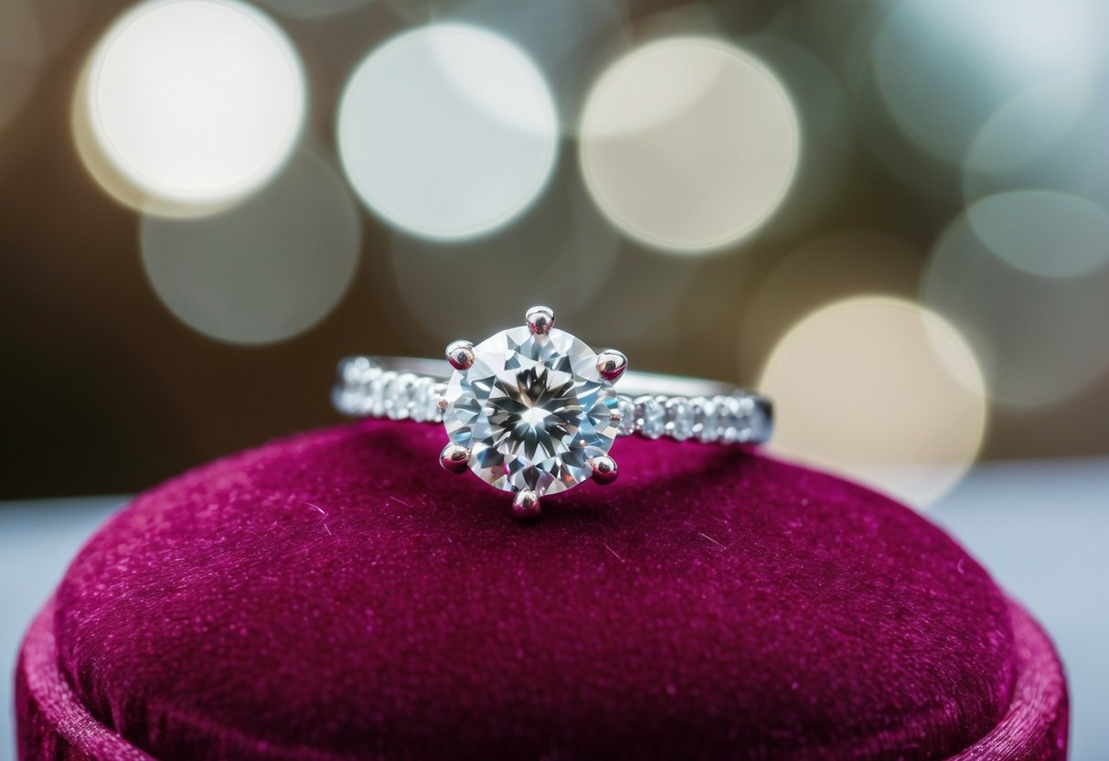 A diamond wedding ring resting on a velvet cushion