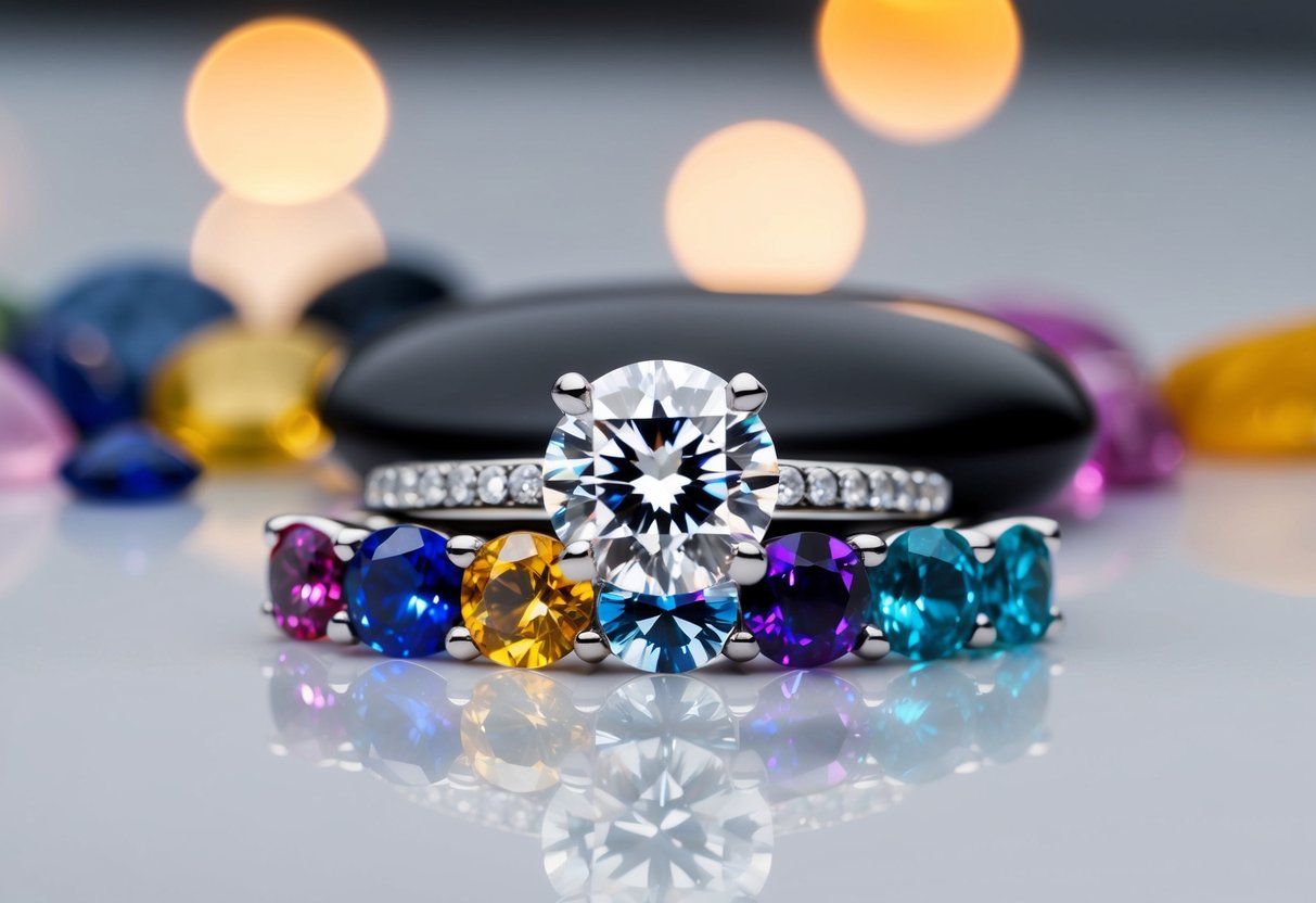 A sparkling diamond engagement ring nestled among colorful gemstones in a sleek, modern setting