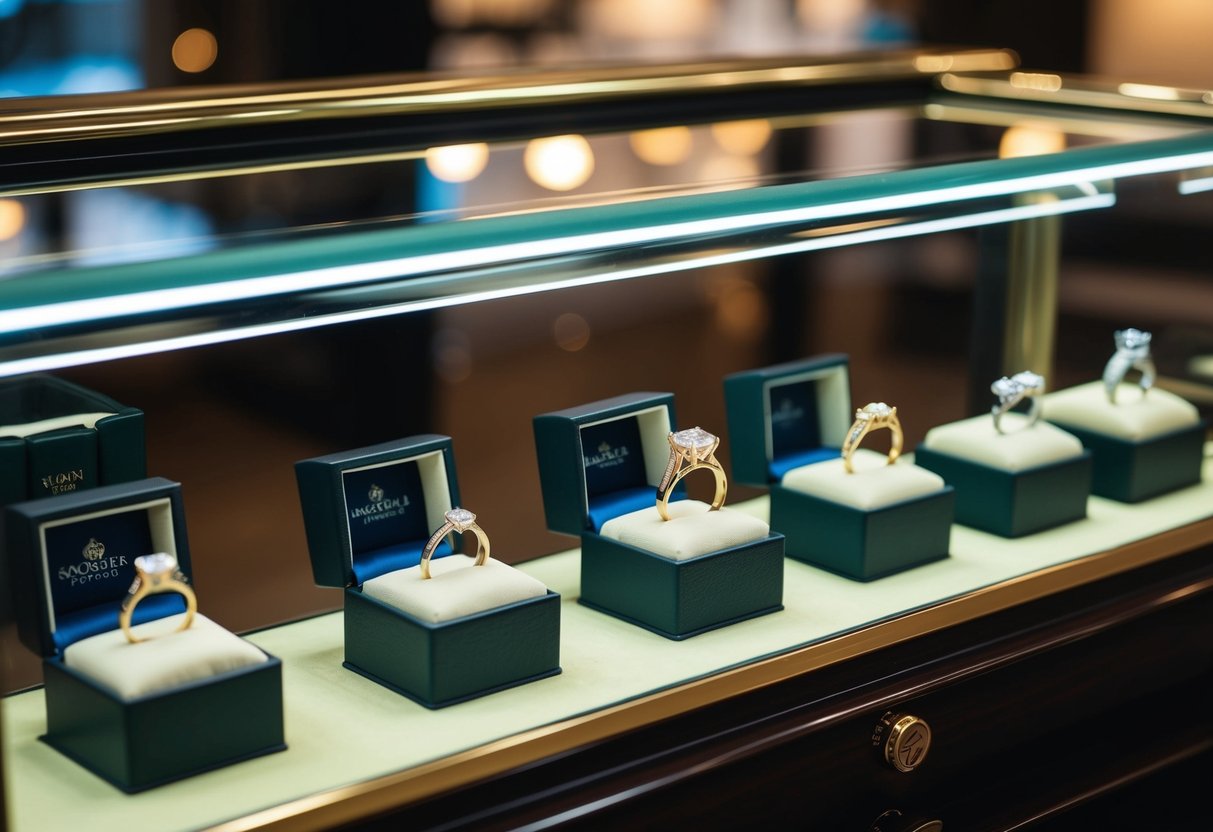 A jeweler's display case showcasing various wedding ring styles and designs