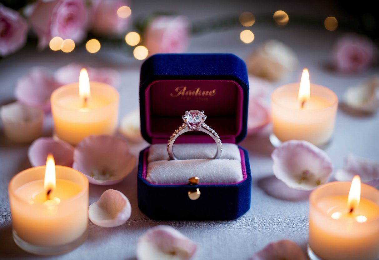 A sparkling diamond ring nestled in a velvet box, surrounded by soft candlelight and delicate rose petals