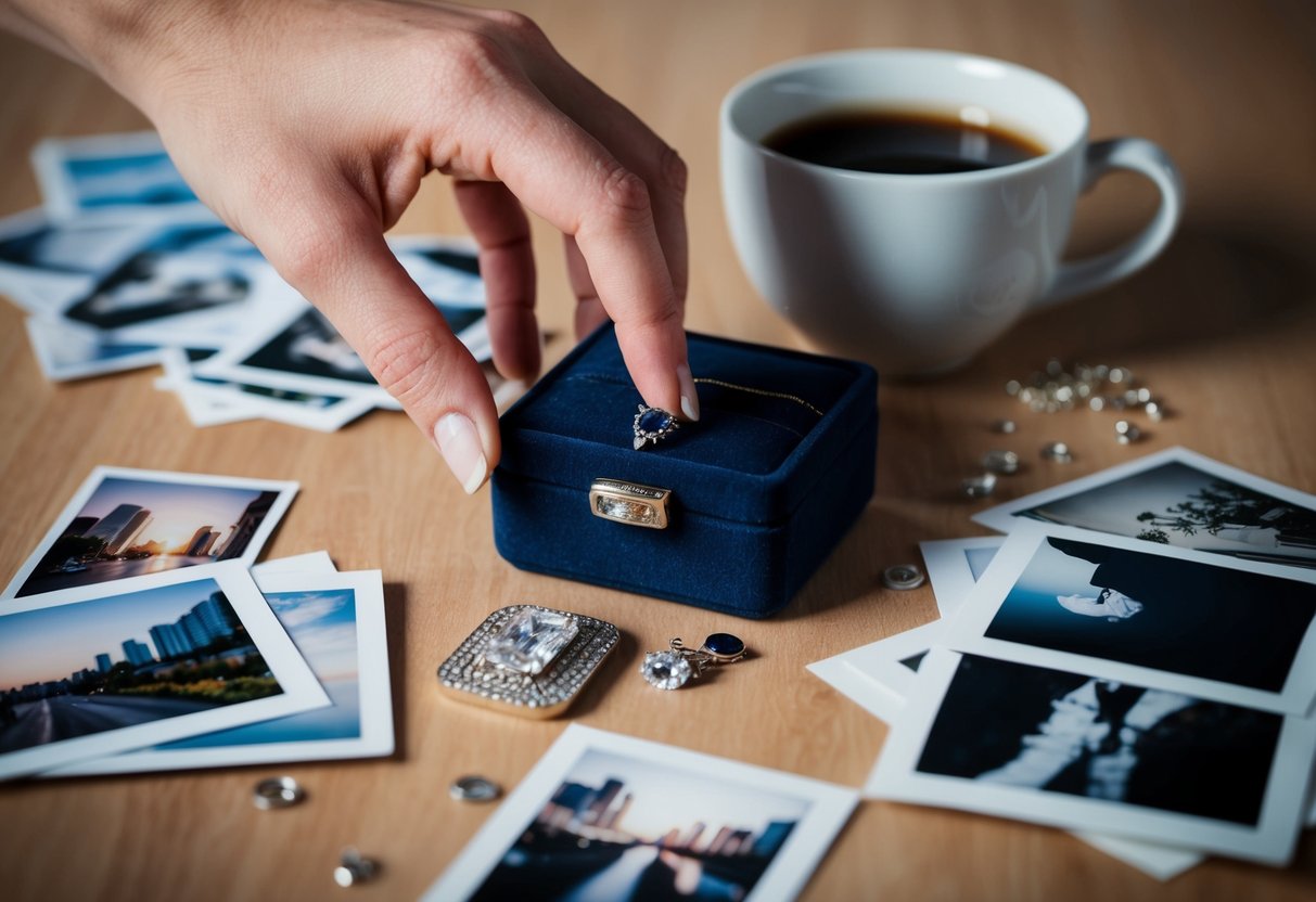 A bare finger reaching for a jewelry box, surrounded by scattered photographs and a half-empty cup of coffee
