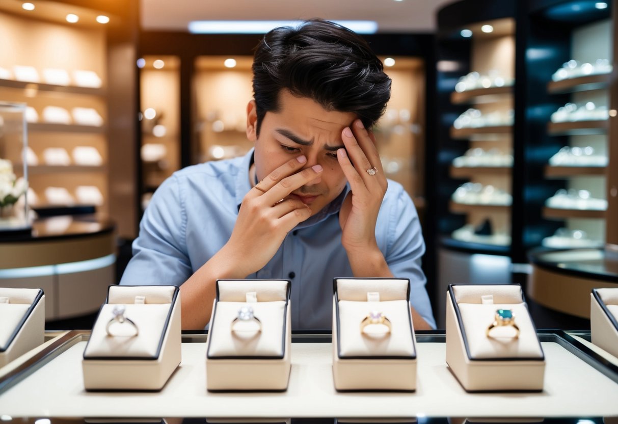 A jewelry store with a display of engagement rings and a confused person looking at them