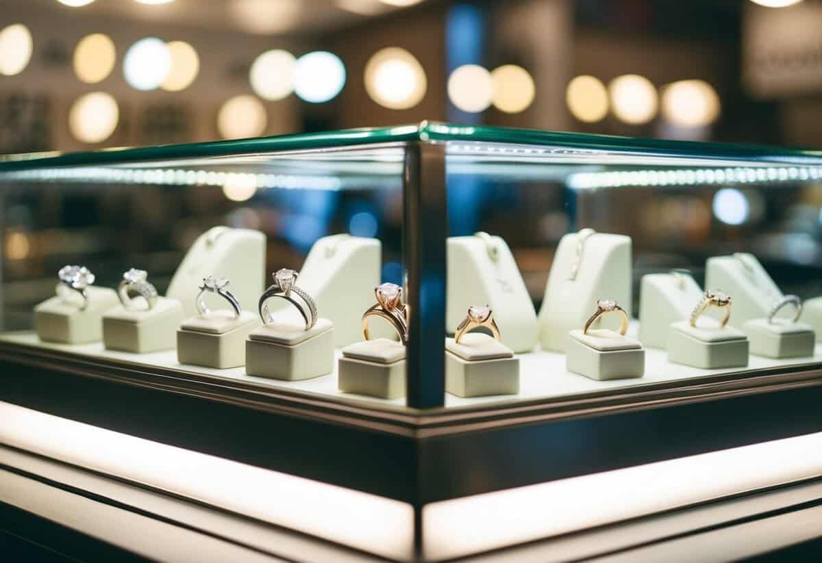 A jeweler's display case holds an array of wedding rings in various styles and sizes, sparkling under the bright store lights