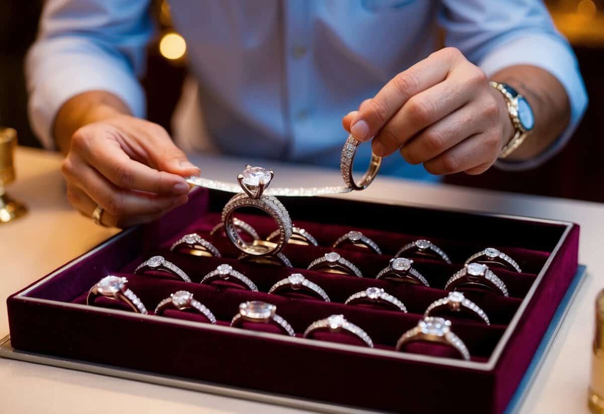 A jeweler carefully measures and inspects a sparkling array of wedding rings, displayed on a velvet-lined tray under soft, warm lighting