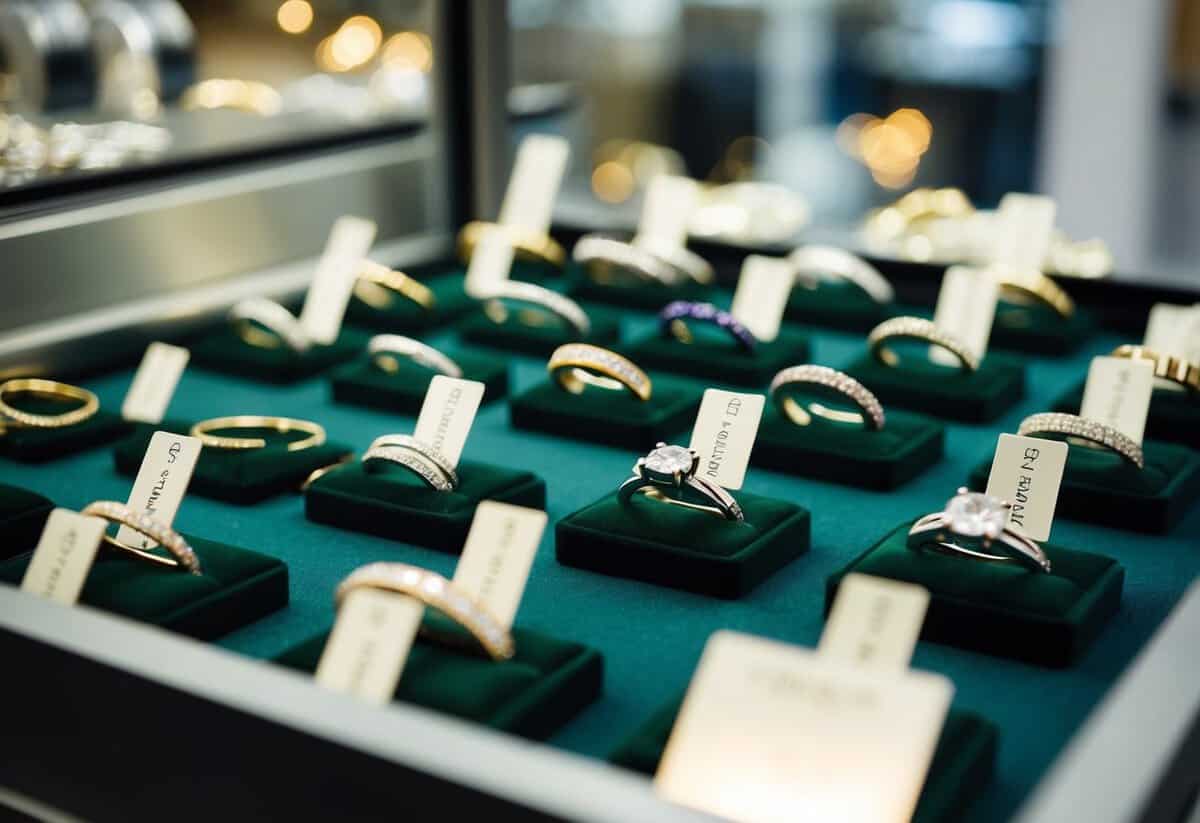 A jeweler's display of wedding rings in various styles and metals, with price tags visible