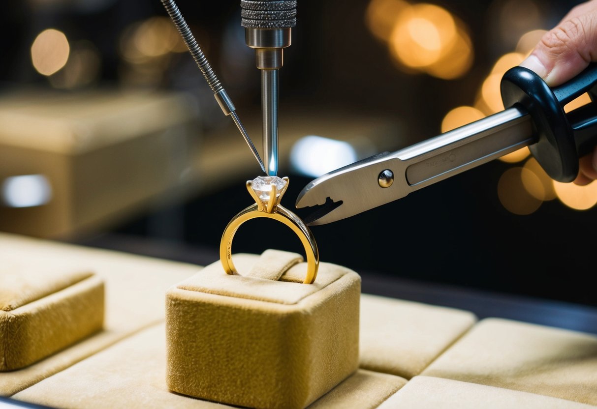 A jeweler's tool cutting through a gold wedding ring on a velvet display stand