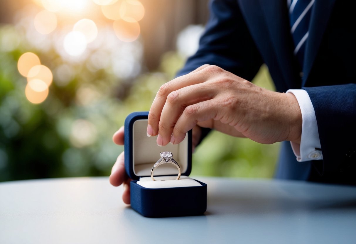 A hand placing a wedding ring in a jewelry box on a table