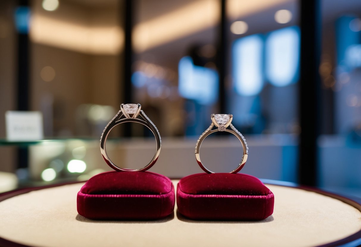 Two wedding rings displayed on a velvet cushion in a jewelry store
