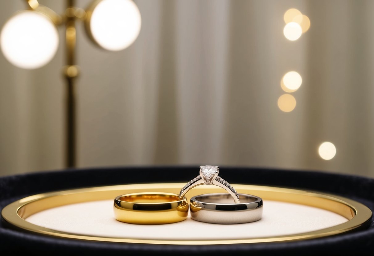 A jeweler's table displays two wedding rings, one in yellow gold and the other in white gold, set against a backdrop of soft lighting and elegant fabric