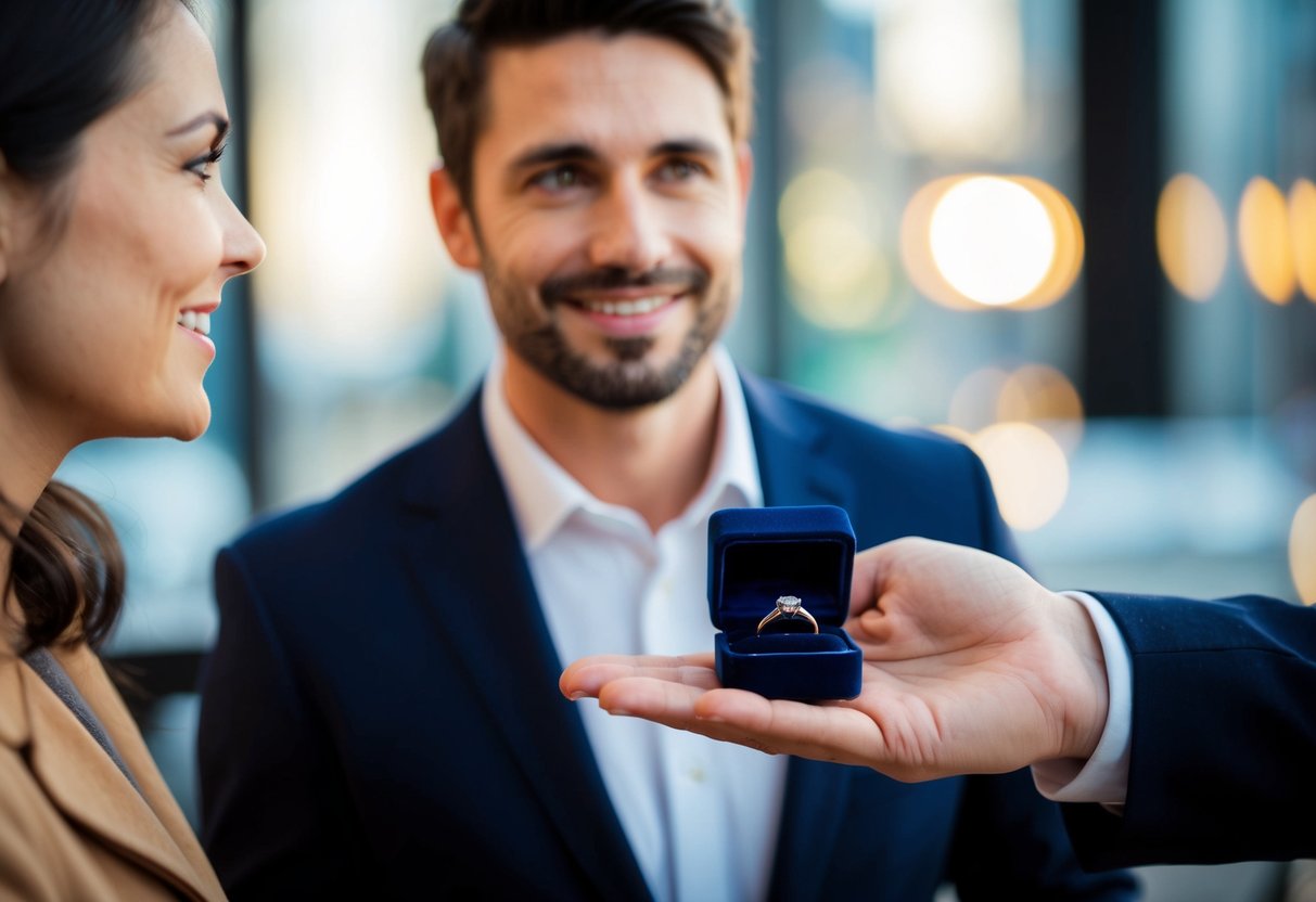 A man holds out a small velvet box with a glimmering ring inside, as he looks expectantly at his partner