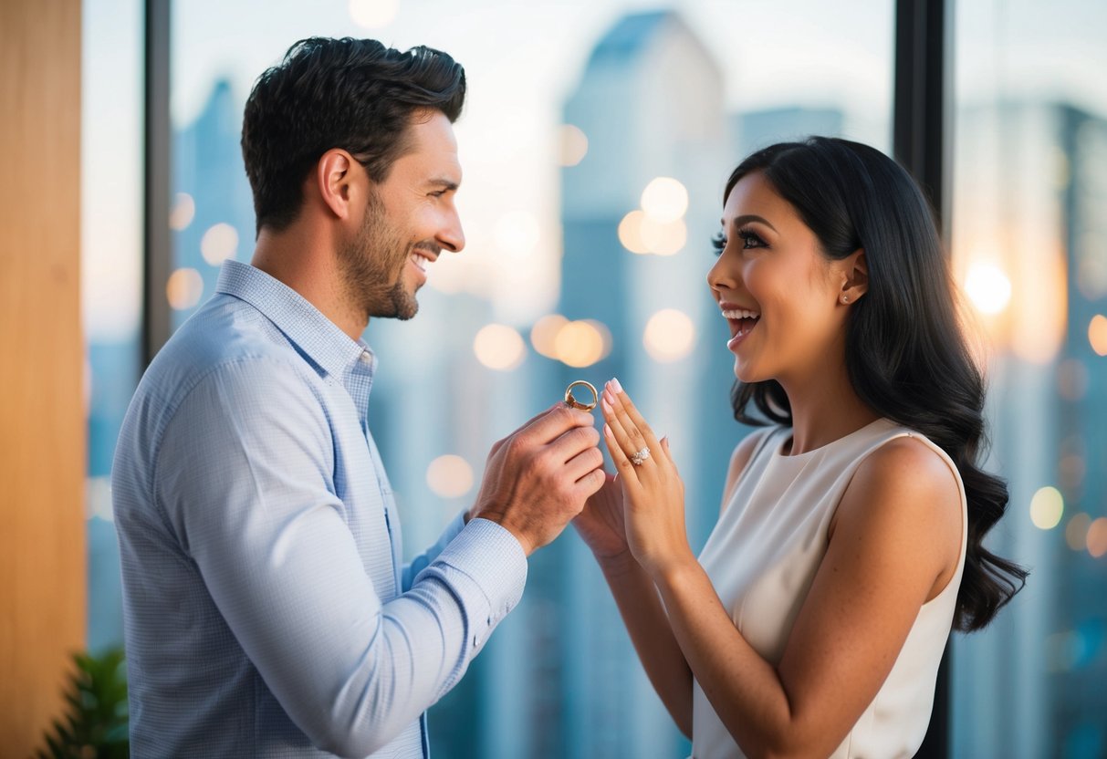 A man presents a ring to a woman, who looks surprised and delighted