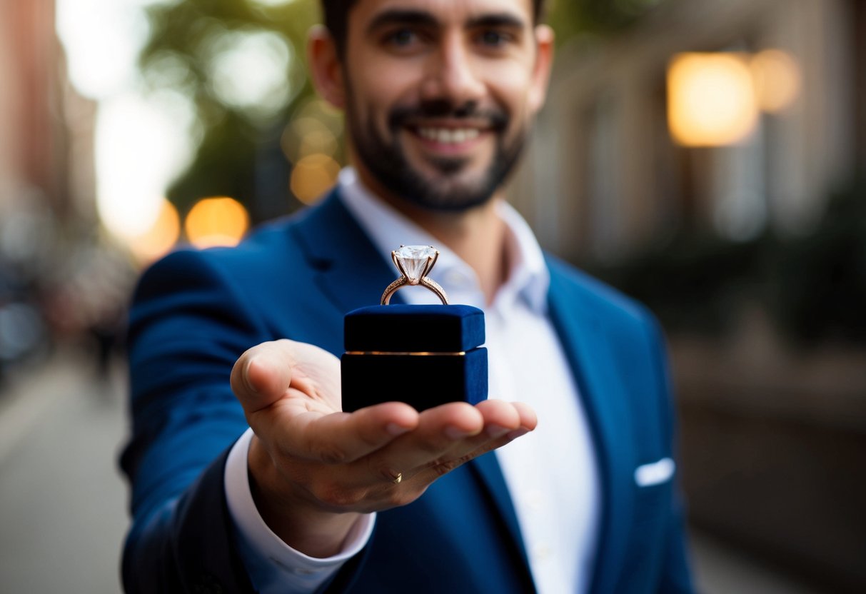 A man holds out a small velvet box, revealing a sparkling engagement ring