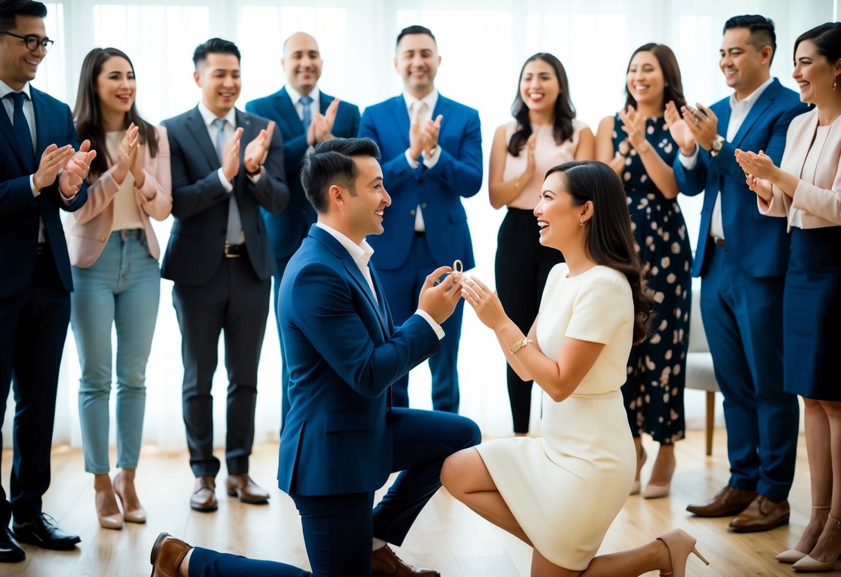 A man kneels on one knee, presenting a ring to a woman. She looks surprised and joyful, surrounded by friends and family cheering and clapping