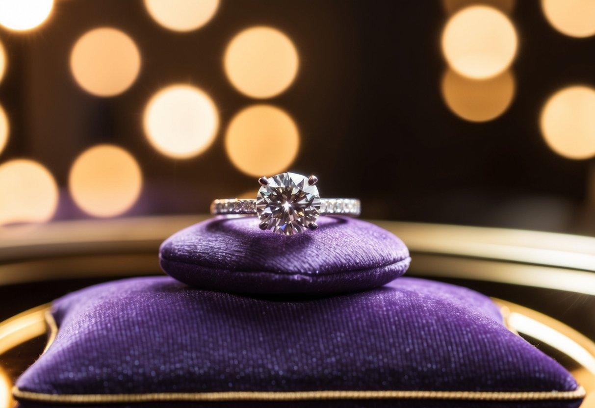 A sparkling diamond wedding ring sits atop a plush velvet cushion, surrounded by soft, warm lighting and reflected in a polished, gleaming surface
