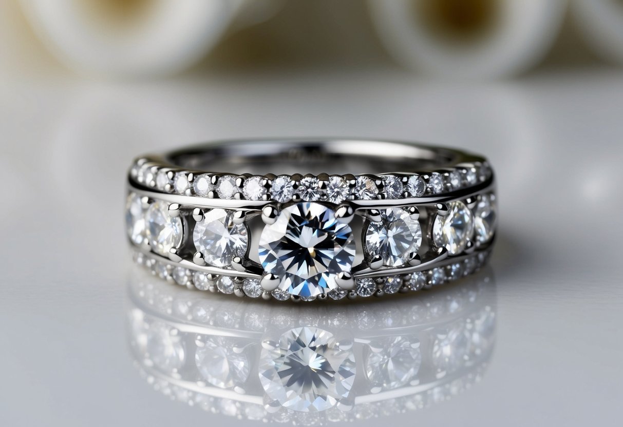 A sparkling diamond wedding ring with high-quality gemstones set in a luxurious, intricate band, catching the light and exuding elegance and sophistication