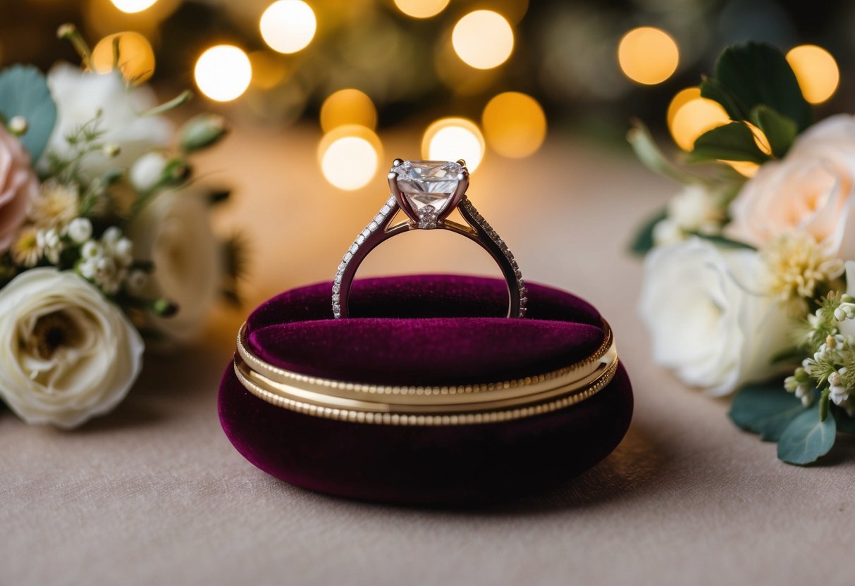 A sparkling diamond wedding ring resting on a luxurious velvet cushion, surrounded by soft golden lighting and elegant floral arrangements