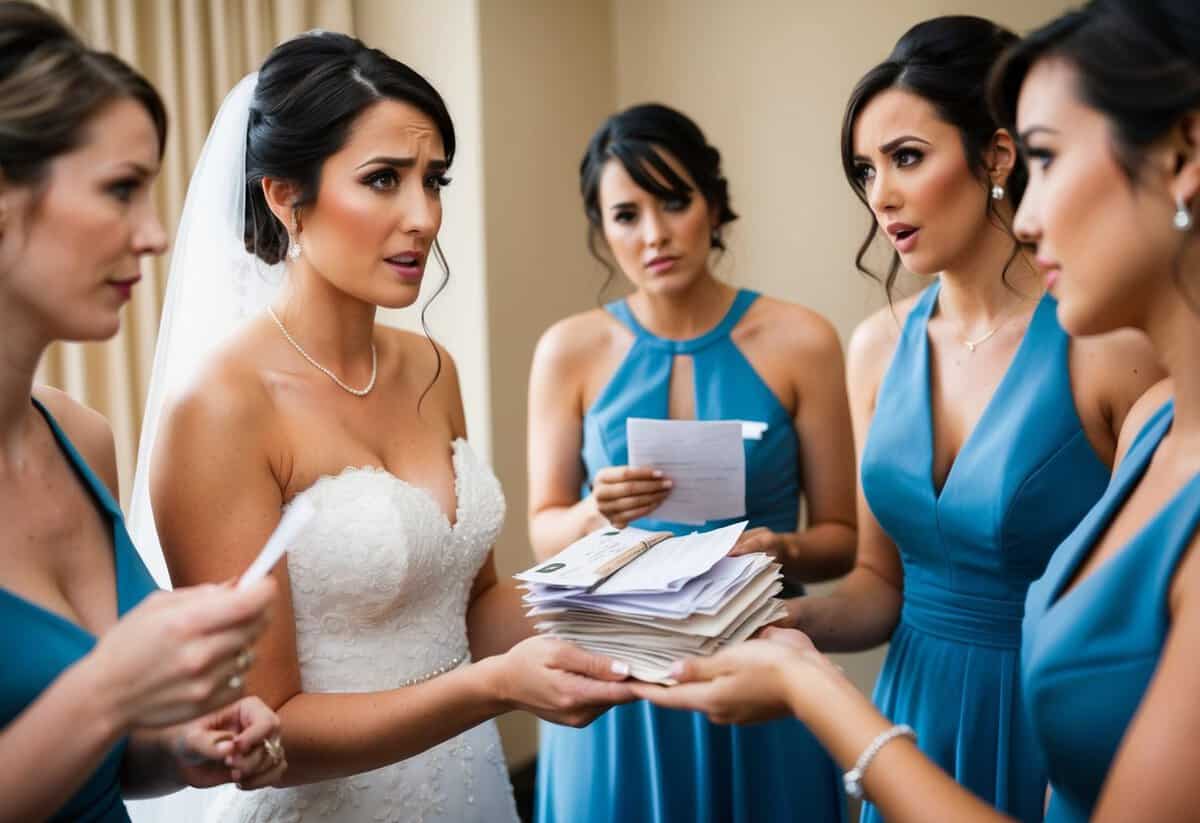 A bride handing over a stack of bills and receipts to her bridesmaids, with a concerned expression on her face