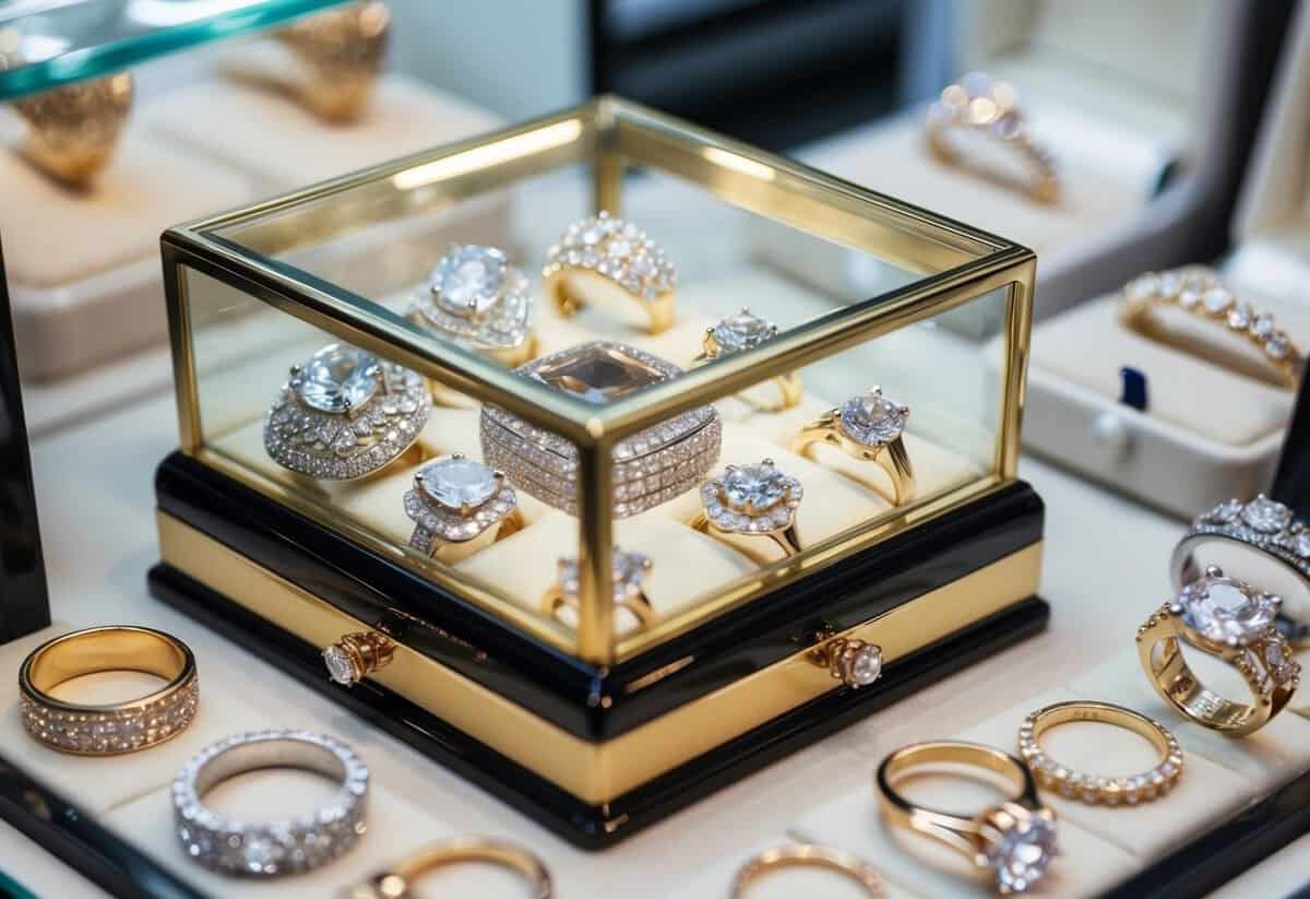 A jeweler's display case filled with sparkling gemstones and ornate embellishments, surrounded by elegant wedding ring designs