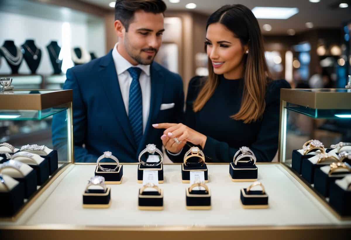 A jeweler's display of wedding bands in various styles and metals, with a customer discussing customization options with a sales associate