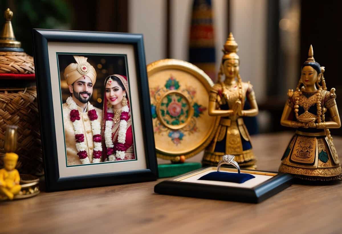 A wedding ring lies on a table next to a framed portrait of a bride and groom, surrounded by traditional cultural symbols and artifacts