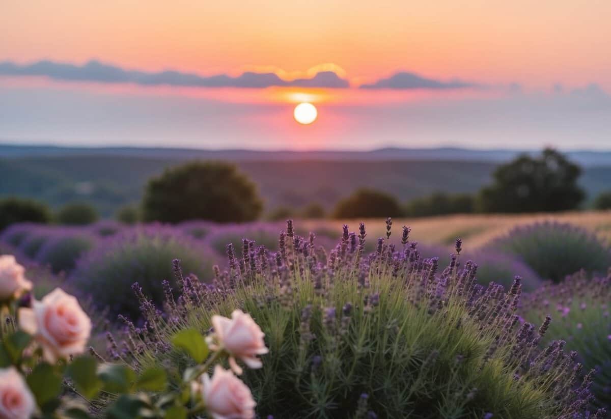 A serene sunset casting a warm, golden glow over a field of lavender and blush roses