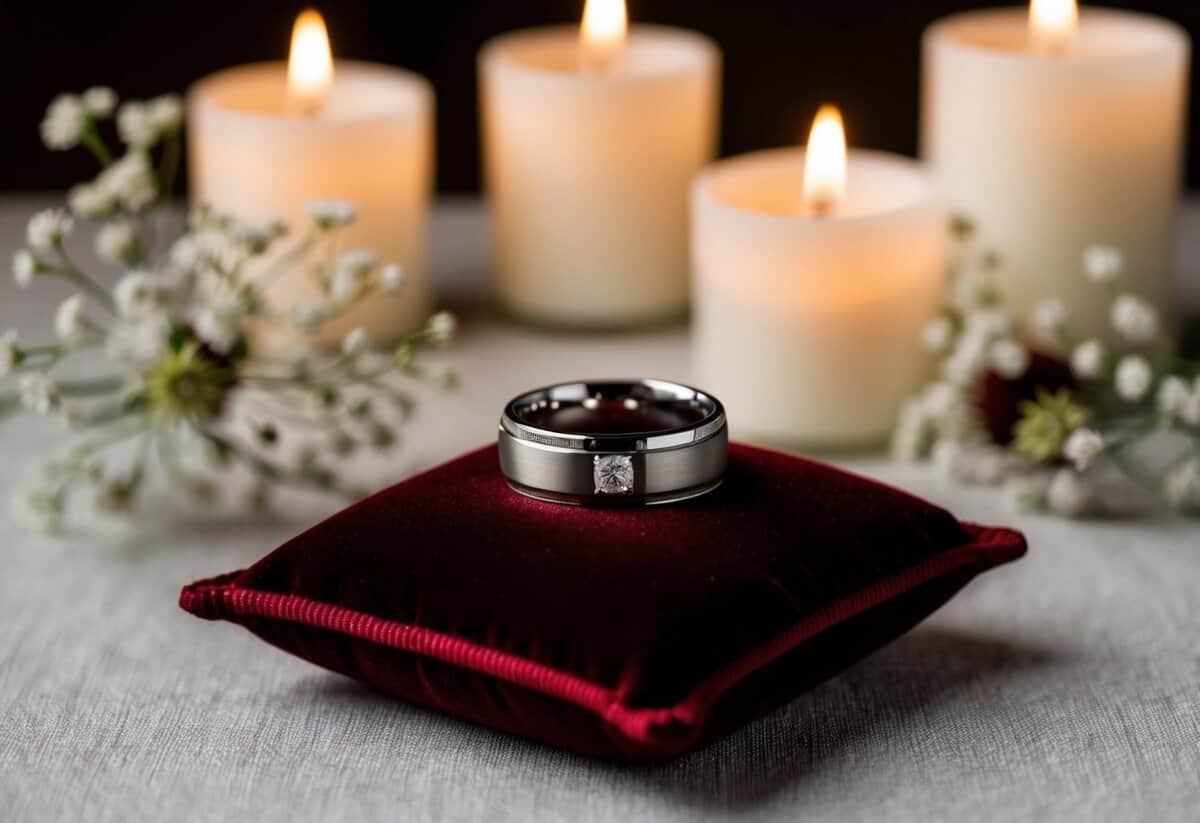 A groom's wedding band resting on a velvet cushion, surrounded by soft candlelight and delicate floral arrangements