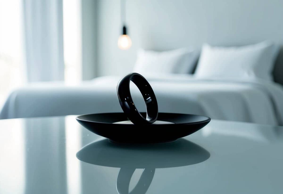 A black wedding band rests on a sleek, modern jewelry dish, casting a subtle reflection in the soft light of a minimalist bedroom