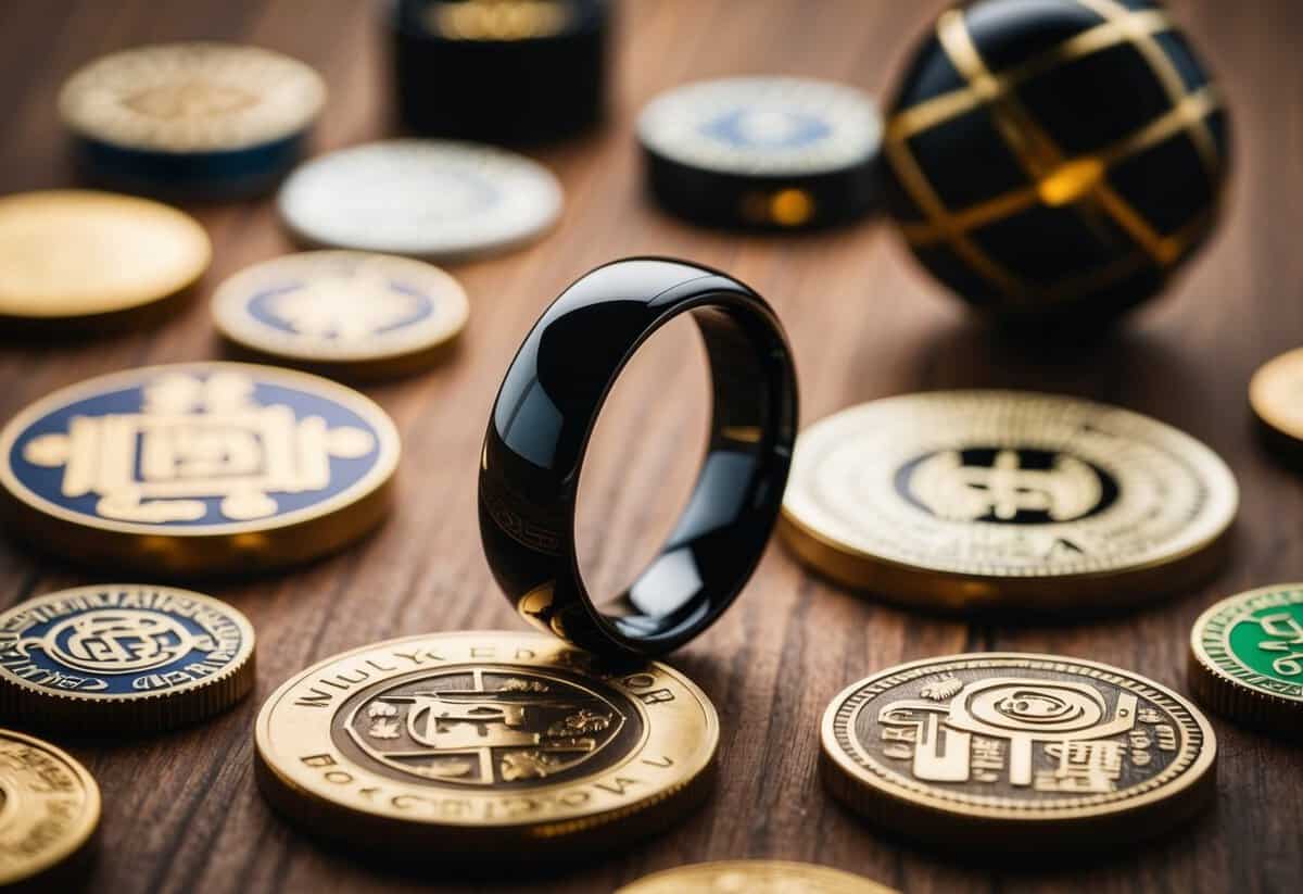 A black wedding ring placed on a wooden surface, surrounded by cultural symbols and objects evoking emotional resonance