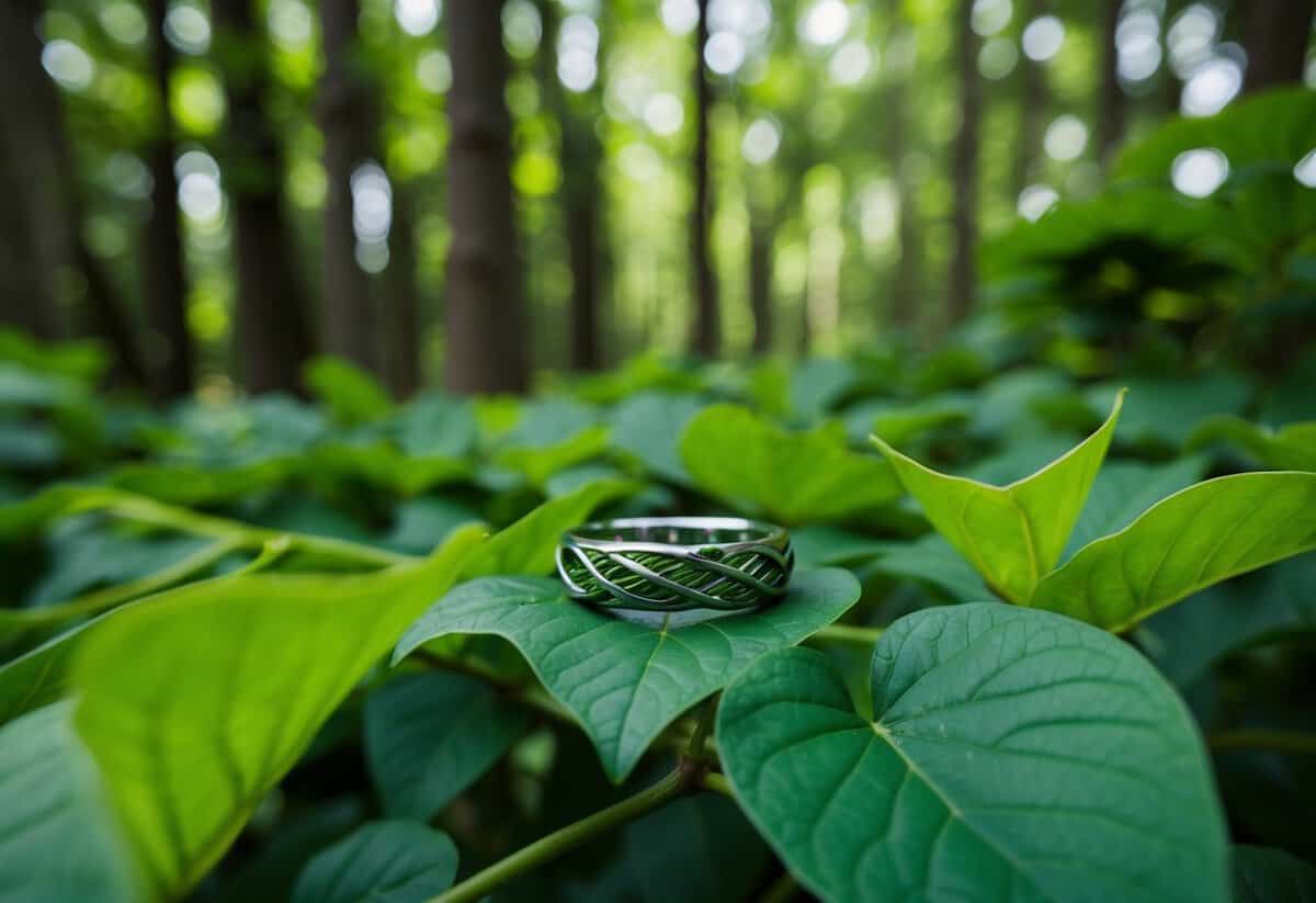 A lush forest with intertwining vines and leaves, symbolizing the eco-friendly and sustainable nature of green wedding bands